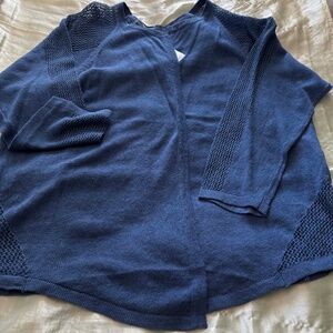 CARDIGAN, OPEN FRONT, LINEN BLEND, DUTCH BLUE, SZ 4X, OPEN LATTICE ACCENTS